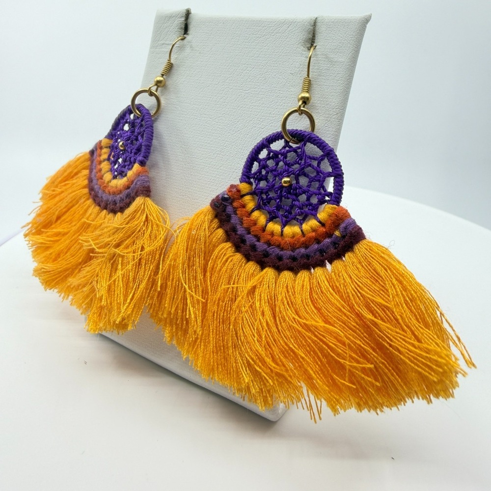 VTG Boho Dreamcatcher Tassel Dangle Earrings - Yellow & Purple Chic - Picture 4 of 10